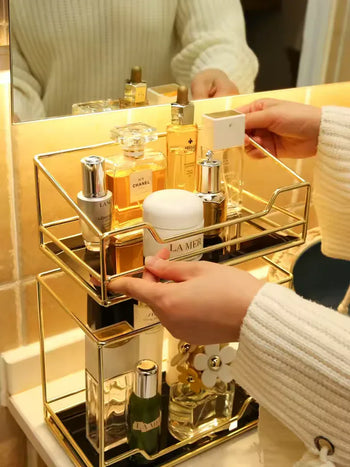Desktop Makeup Organizer Rack - Gold Storage Box - Clarify.pk