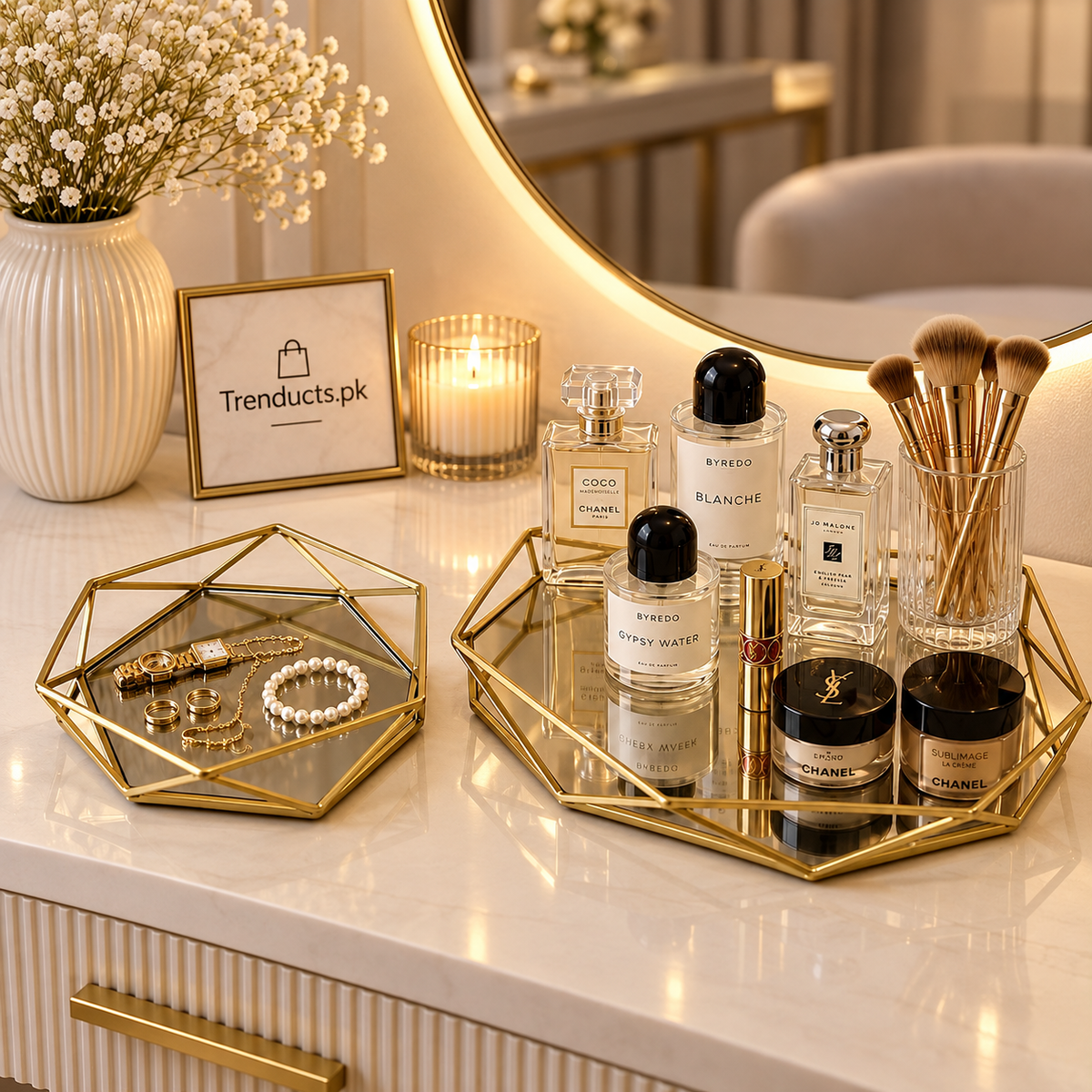 Gold Metal & Mirror Vanity Tray Set