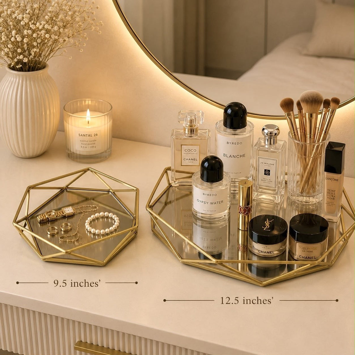 Gold Metal & Mirror Vanity Tray Set