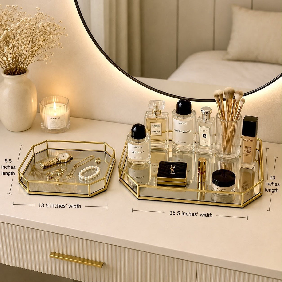 Gold Metal & Mirror Vanity Tray Set