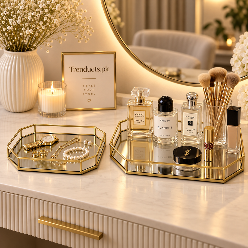Gold Metal & Mirror Vanity Tray Set