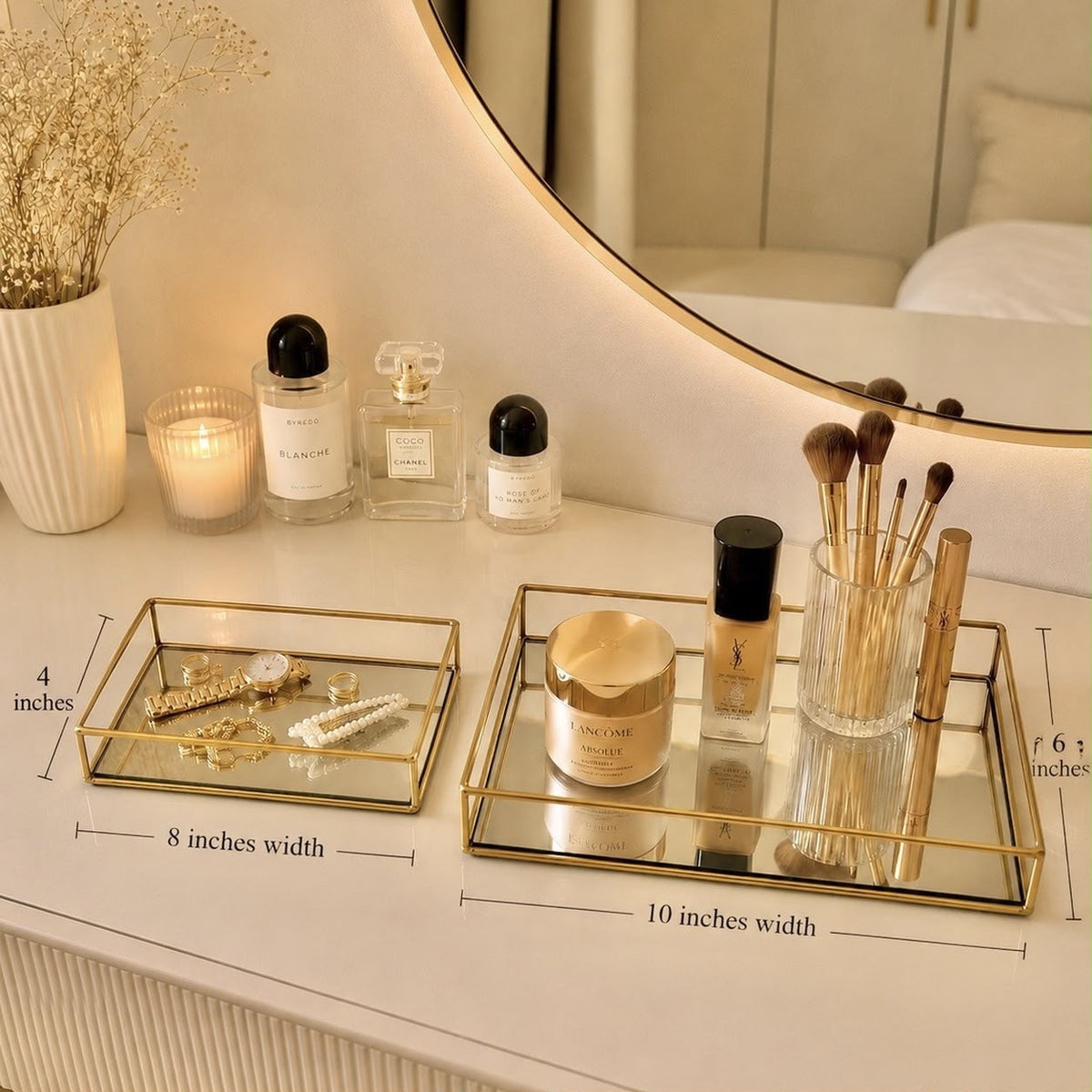 2-Piece Gold Metal & Mirror Vanity Tray Set
