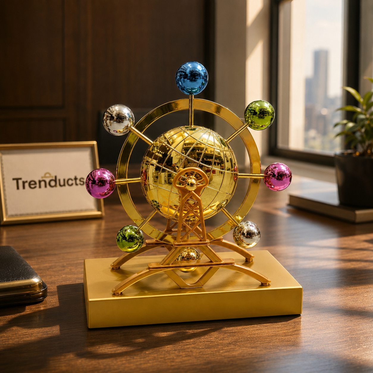 Gold Planetary Kinetic Orbital Sculpture