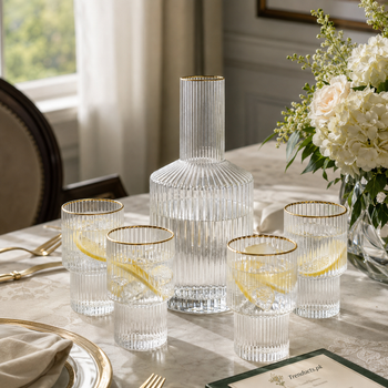 Five-piece gold-rim decanter set on dining table