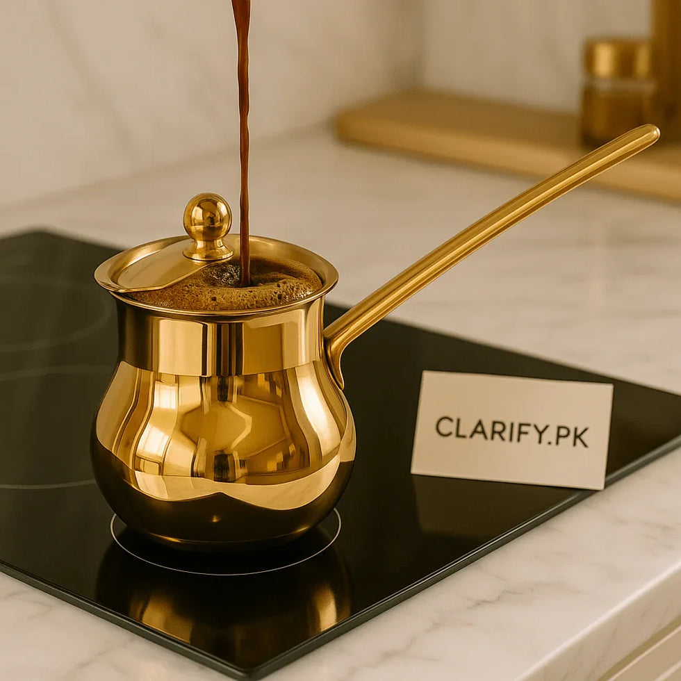Golden Brass Turkish Coffee Pot with Lid – 10cm Cezve - Clarify.pk