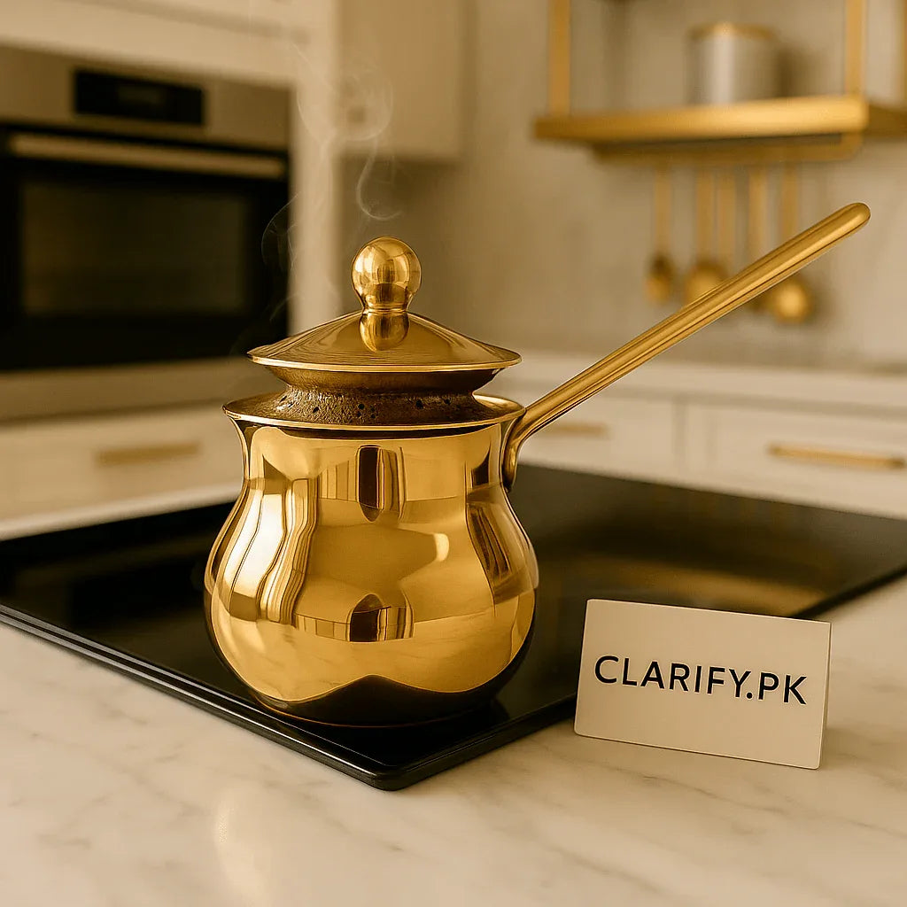 Golden Brass Turkish Coffee Pot with Lid – 10cm Cezve - Clarify.pk