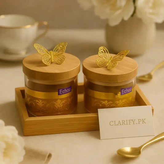 بانس ٹرے کے ساتھ گولڈن کچن جار (2PCS)
