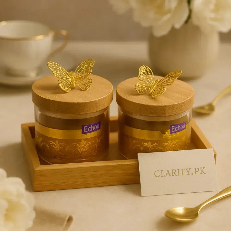 بانس ٹرے کے ساتھ گولڈن کچن جار (2PCS)