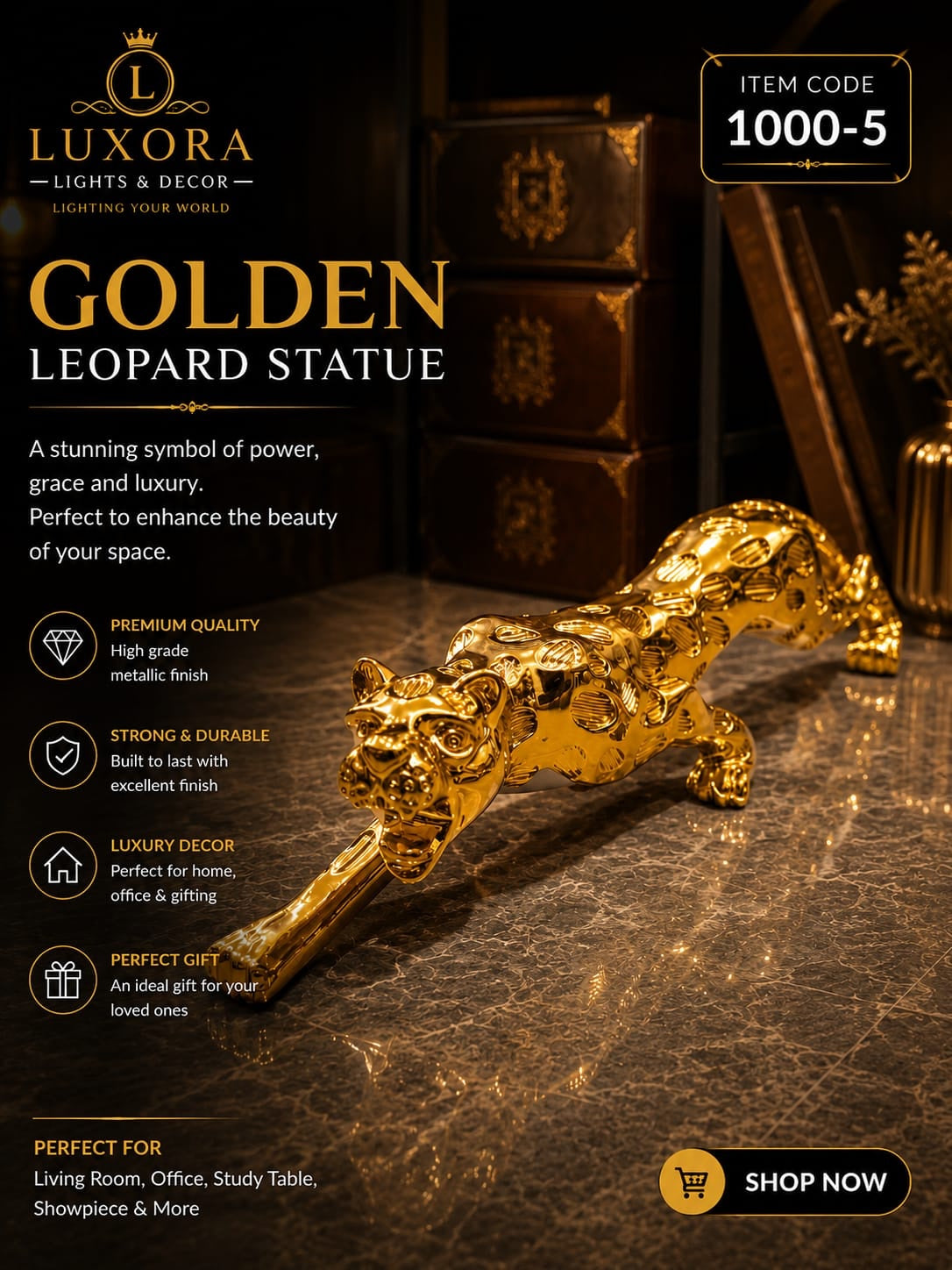 Luxury Golden Leopard Statue – 11 Inch