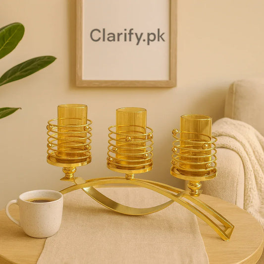 Golden Triple Candle Holder – Decorative Glass & Metal Centerpiece Stand - Clarify.pk