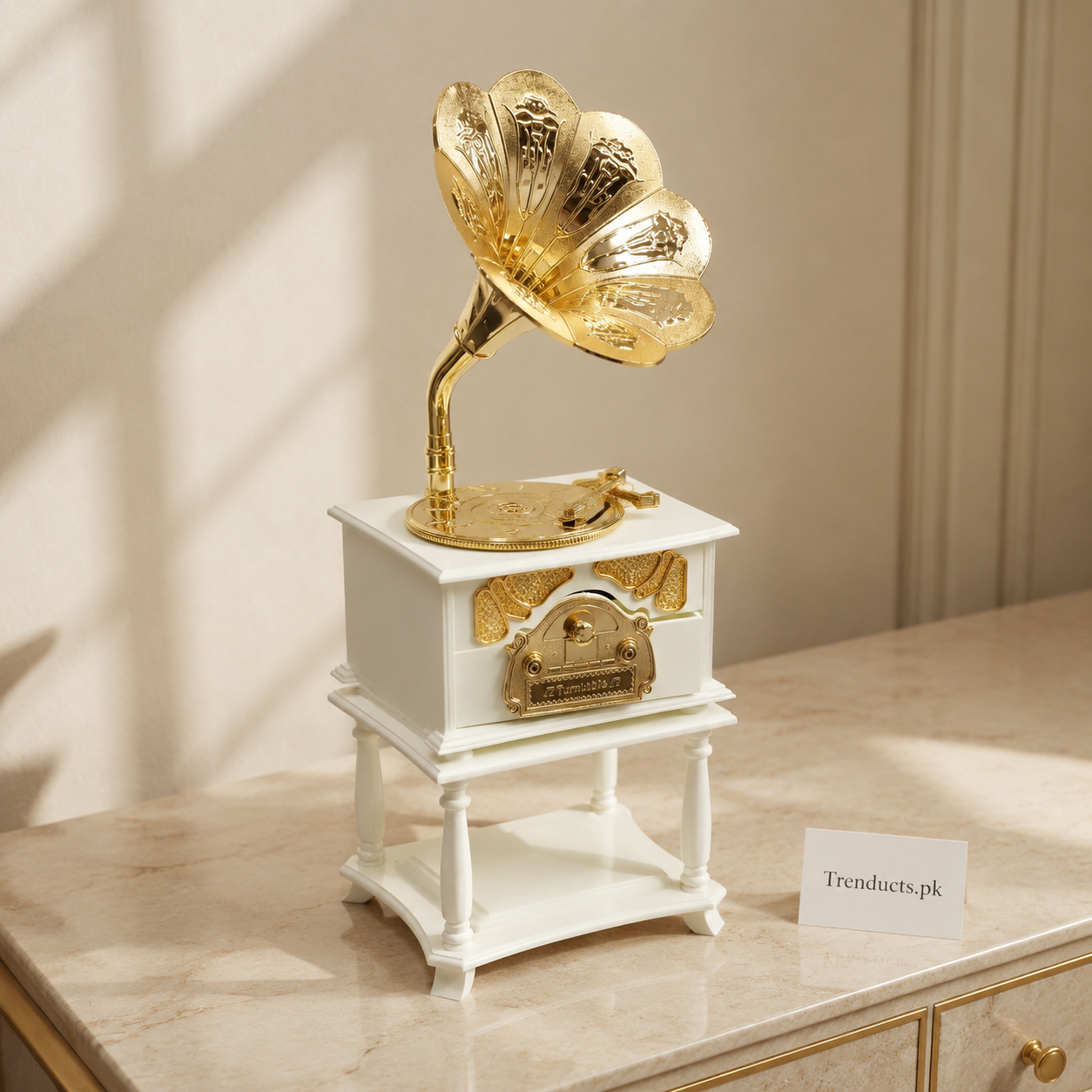 Vintage Gramophone Drawer Music Box – White & Gold
