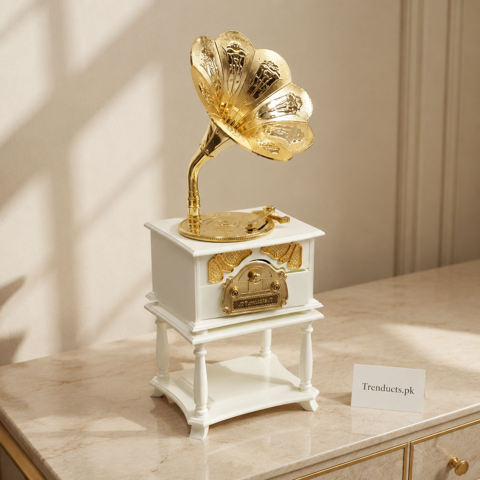 Vintage Gramophone Drawer Music Box – White & Gold