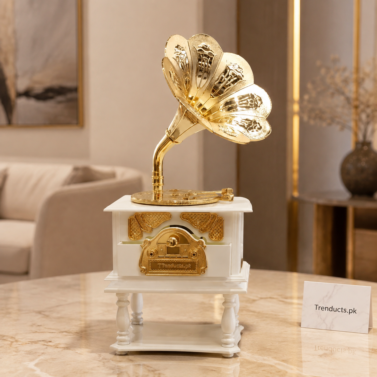 Vintage Gramophone Drawer Music Box – White & Gold