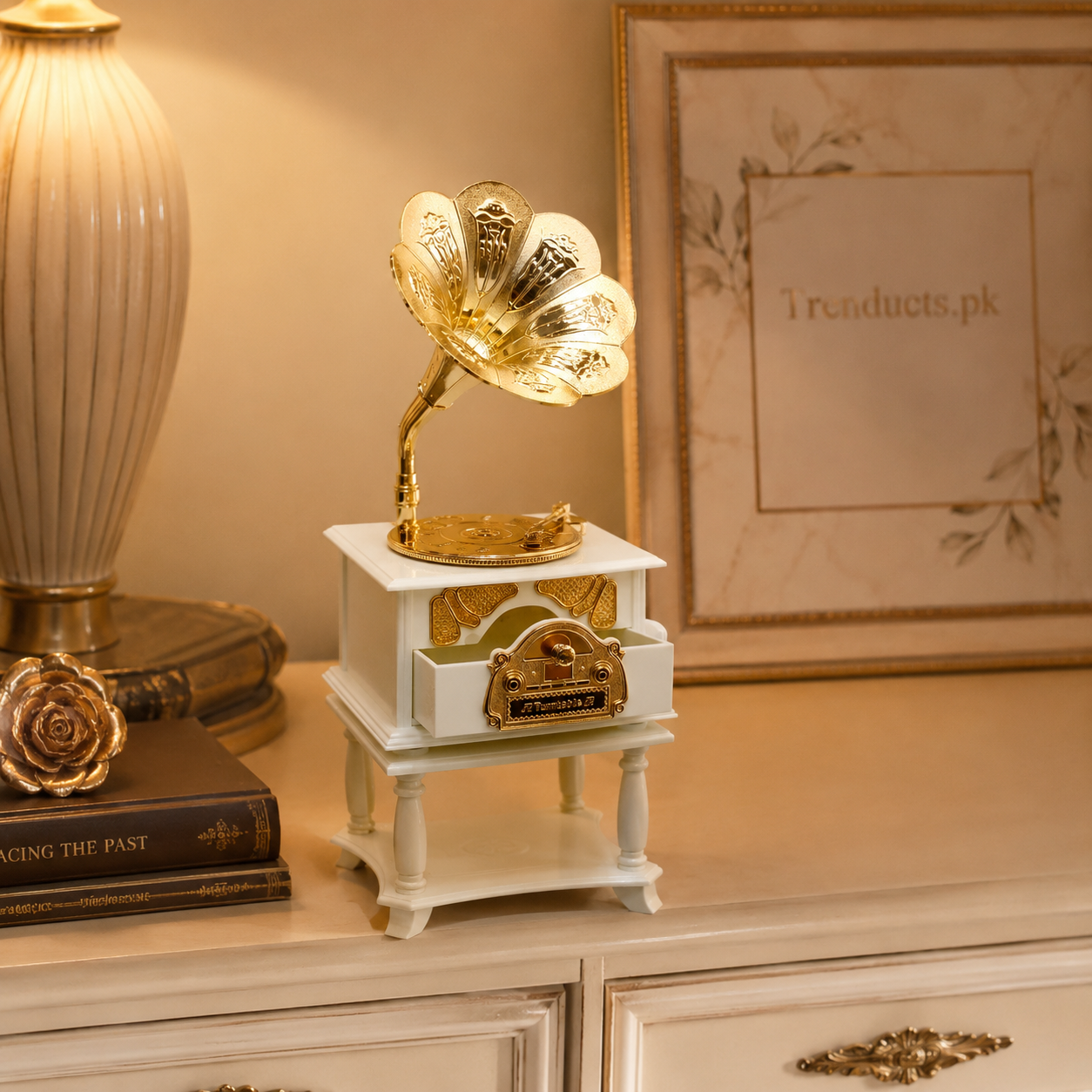 Vintage Gramophone Drawer Music Box – White & Gold