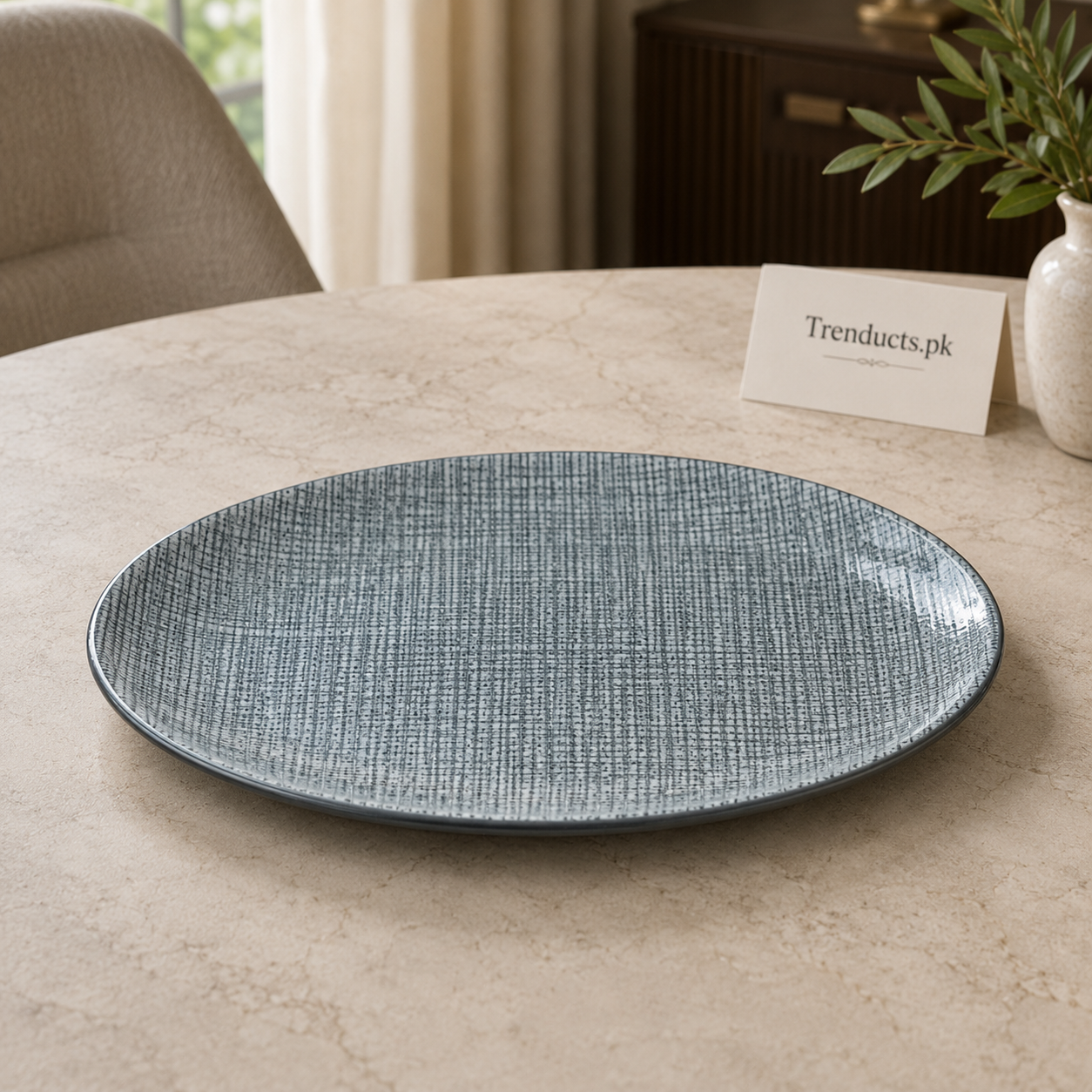 Danny Home Grey Crosshatch Oval Flat Plate - 8.5 Inch