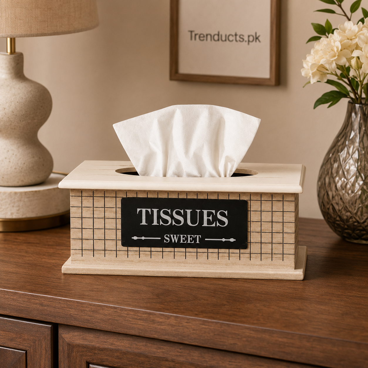 Wooden Tissue Box with Modern Grid Pattern