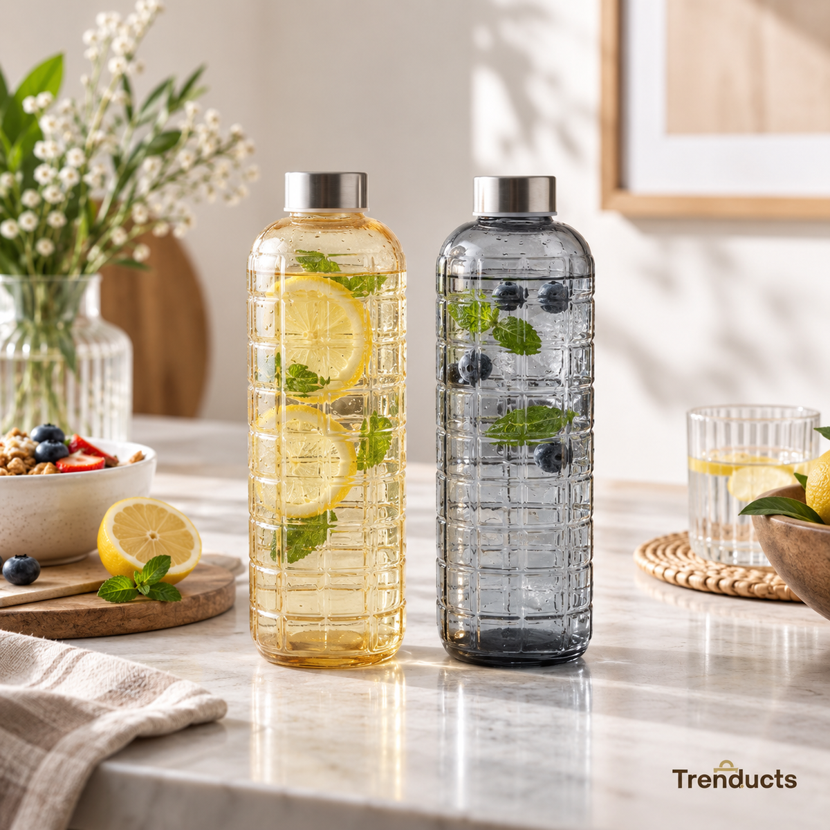 Grid Texture 1100ml Glass Water Bottle