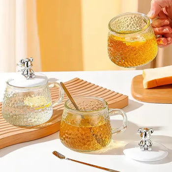 Hammered Glass Coffee Cup with Lid Set - Clarify.pk