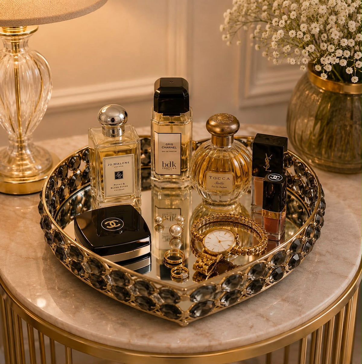 Heart-Shaped Metal & Glass Vanity Tray with Gold Frame