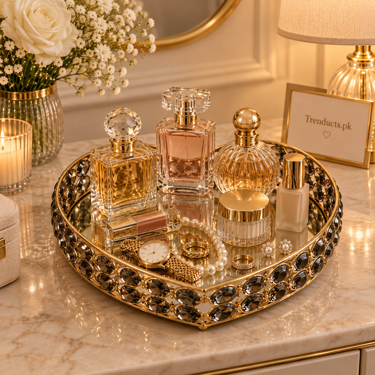 Heart-Shaped Metal & Glass Vanity Tray with Gold Frame