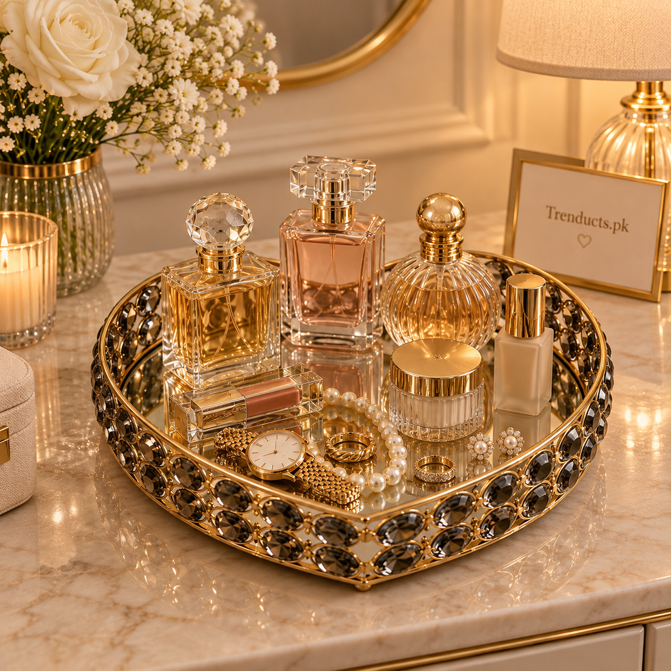 Heart-Shaped Metal & Glass Vanity Tray with Gold Frame