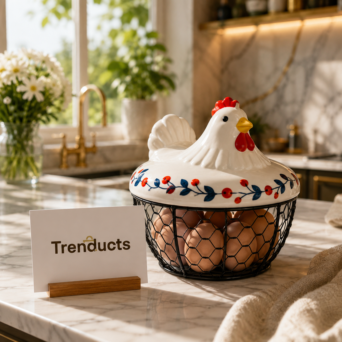 Hen Shaped Egg Basket with Lid - Large Capacity Chicken Egg Holder & Kitchen Storage