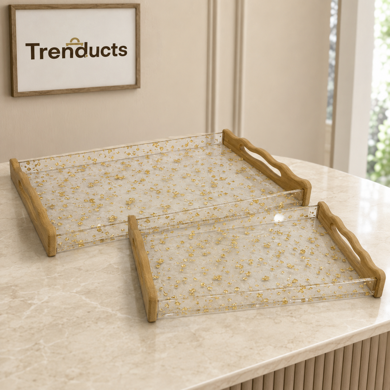 Gold Flake Acrylic Tray Set with Wood Handles – 2 Pieces