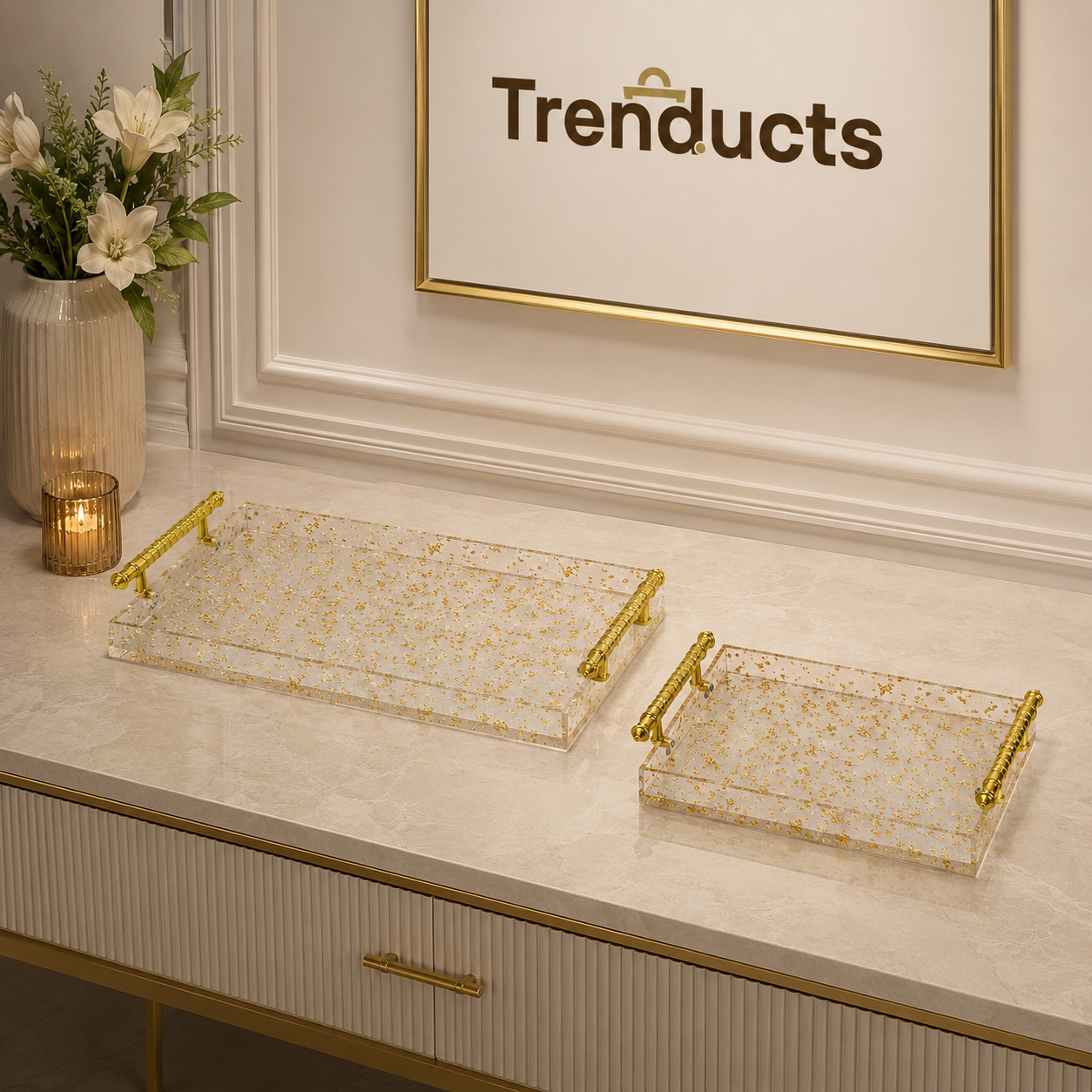 Gold Flake Acrylic Tray Set with Bar Handles – 2 Pieces