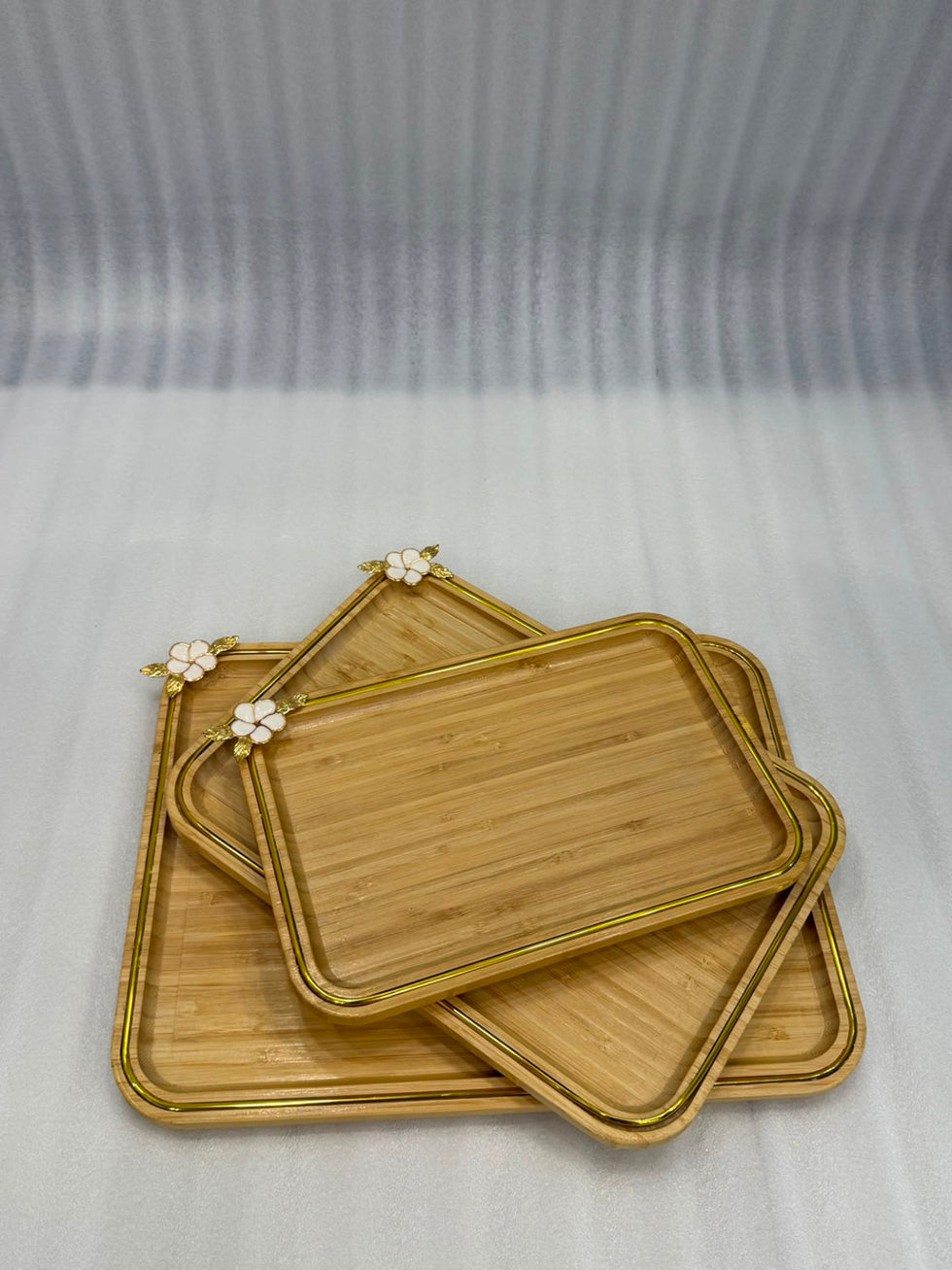 Bamboo Floral Corner Tray Set – 3 Pieces