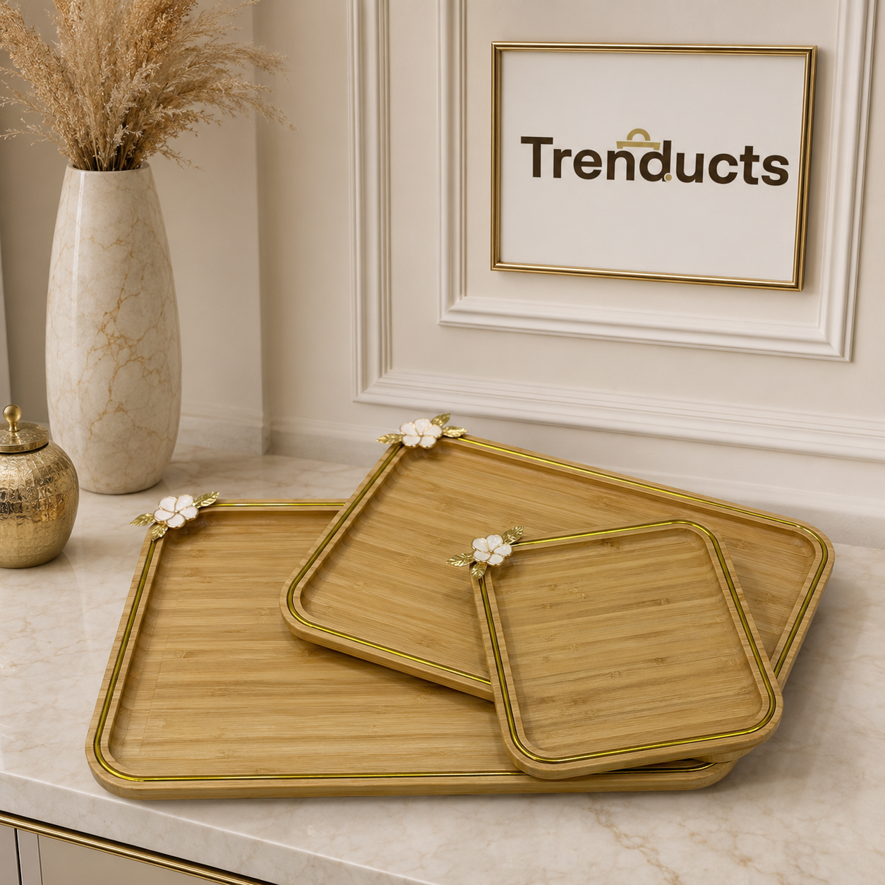 Bamboo Floral Corner Tray Set – 3 Pieces