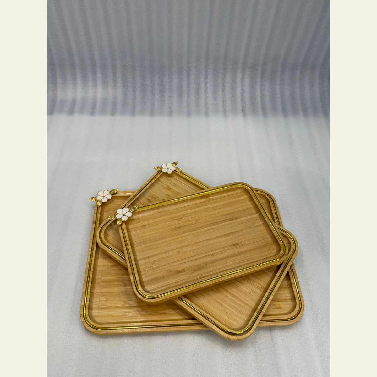Bamboo Floral Corner Tray Set – 3 Pieces