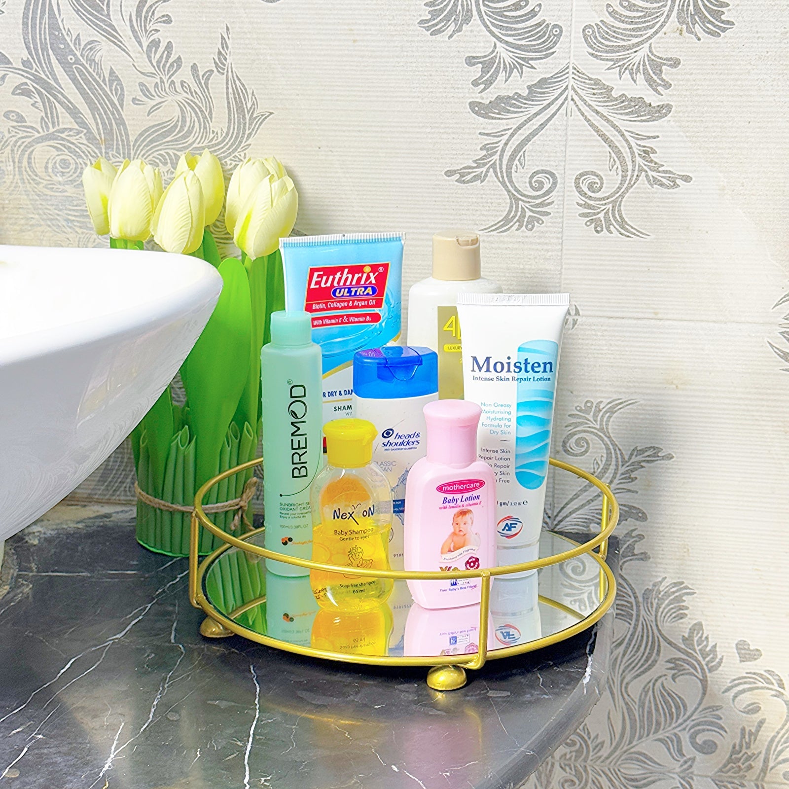 Glassy Golden Luxury Vanity Display Tray with Mirror Base