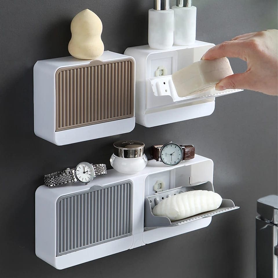 Clam Shell Soap Dish with Drain Tray - Wall Mounted Bar Soap Holder