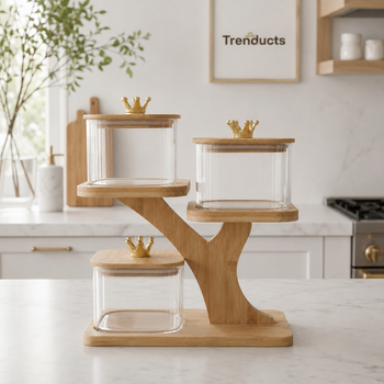 Style 1 square jar set with crown knobs and tree stand