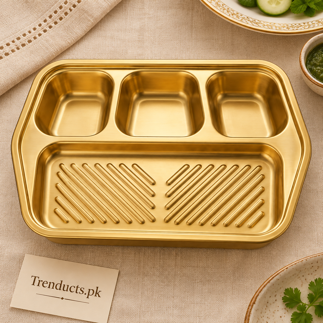 Golden 4-Compartment Steel Serving Tray - 23 × 16 cm