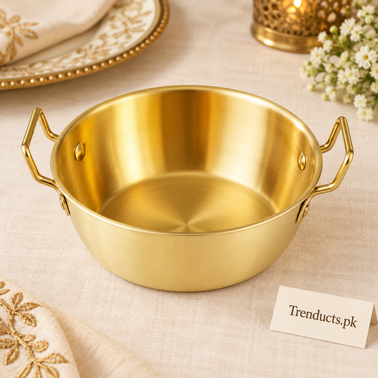 Golden Double-Handle Steel Serving Bowl