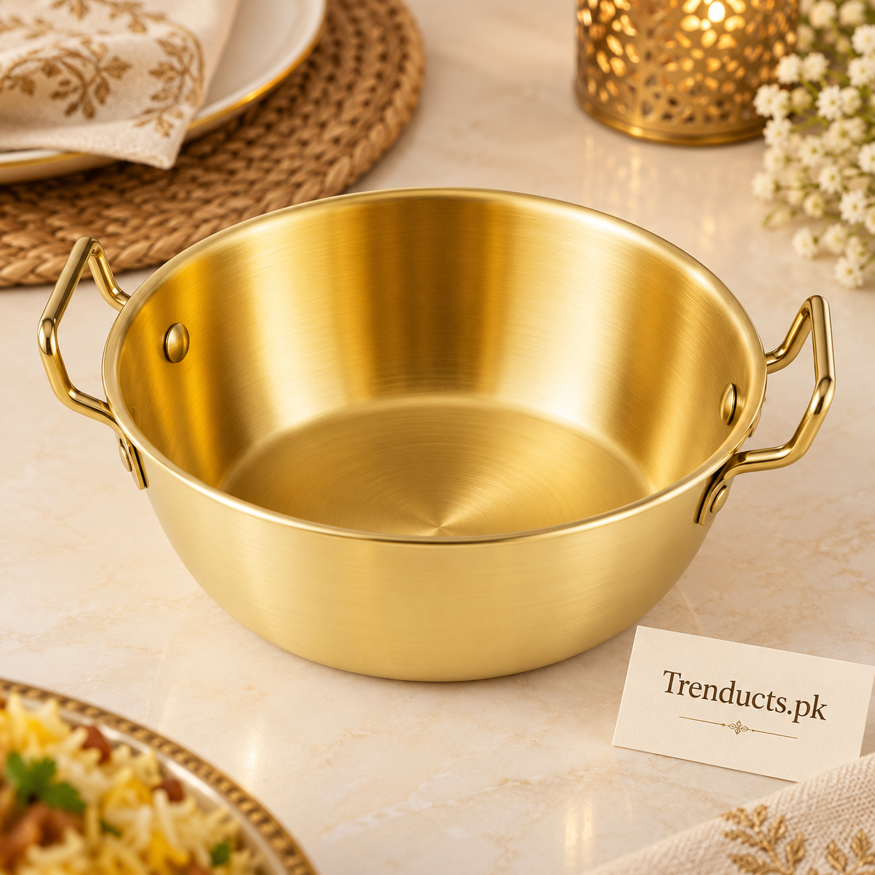 Golden Double-Handle Steel Serving Bowl