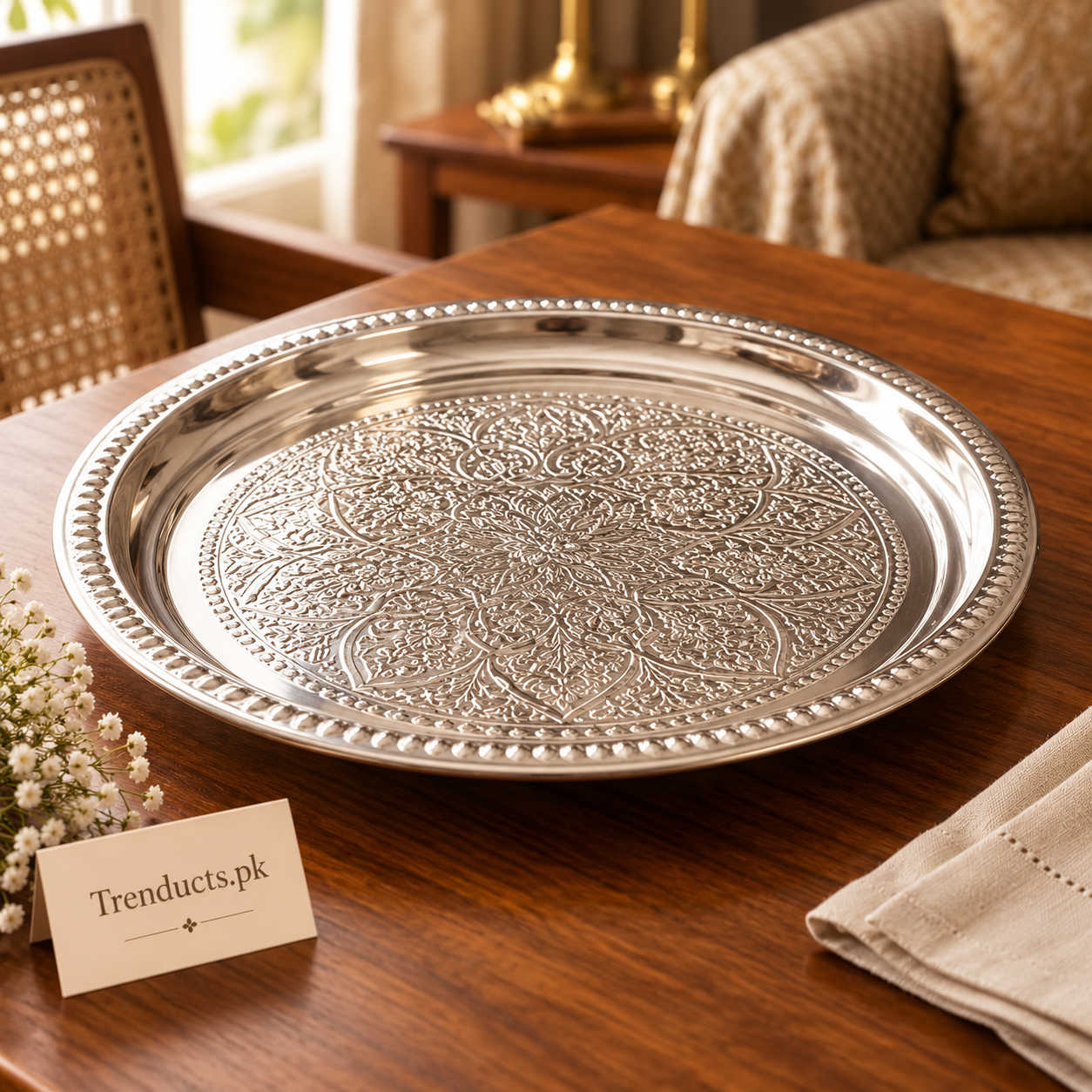 Ornate Silver Stainless-Steel Serving Platter