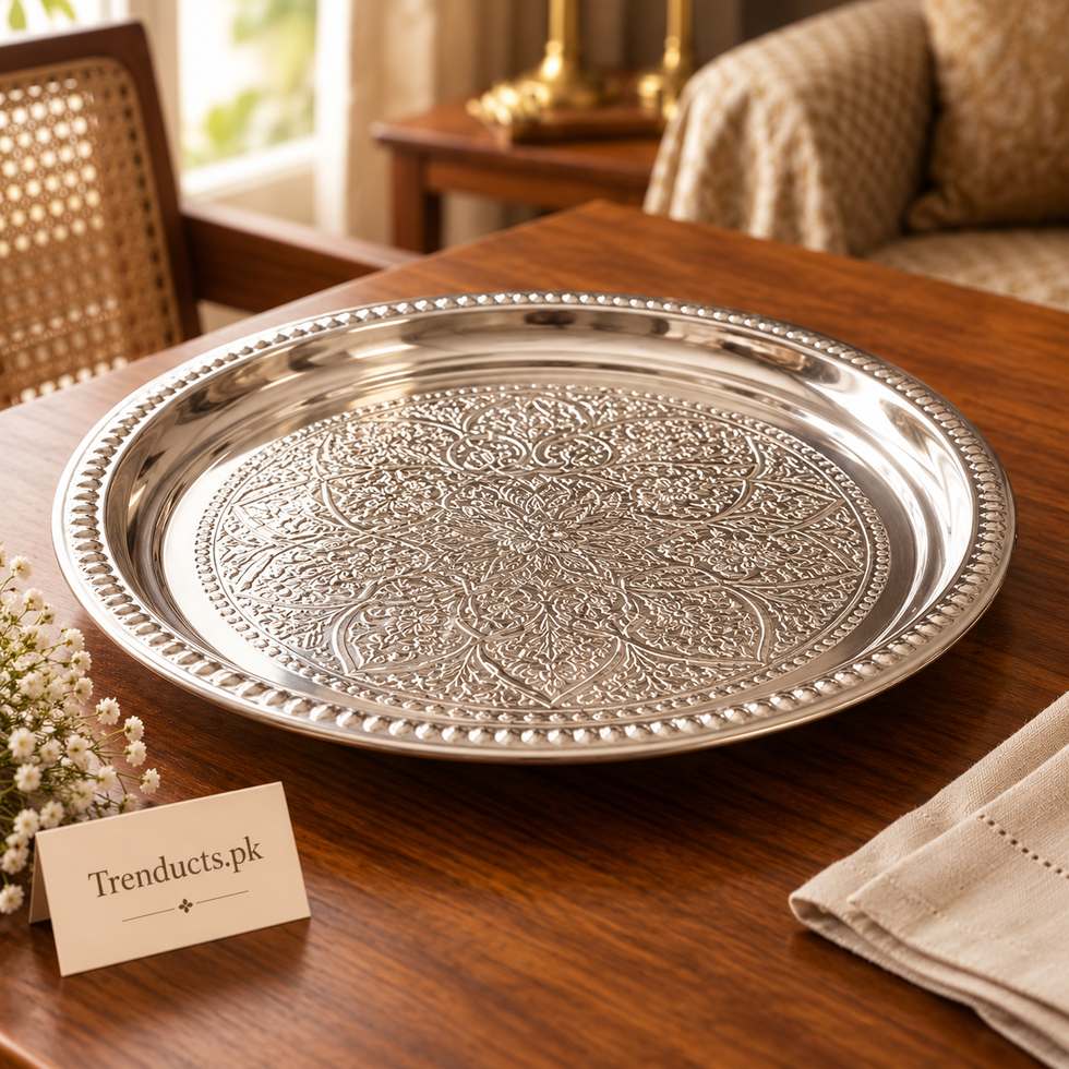 Ornate Silver Stainless-Steel Serving Platter