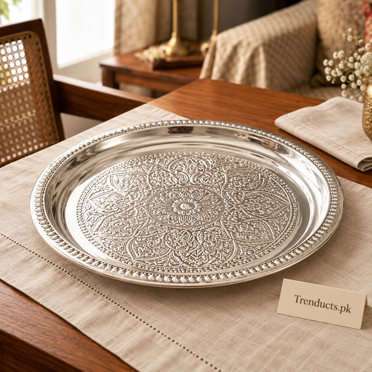 Ornate Silver Stainless-Steel Serving Platter
