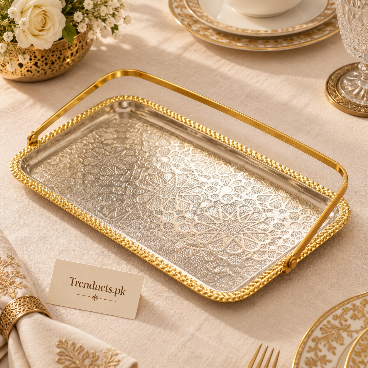 Golden Stainless-Steel Serving Tray - 28 × 17 cm