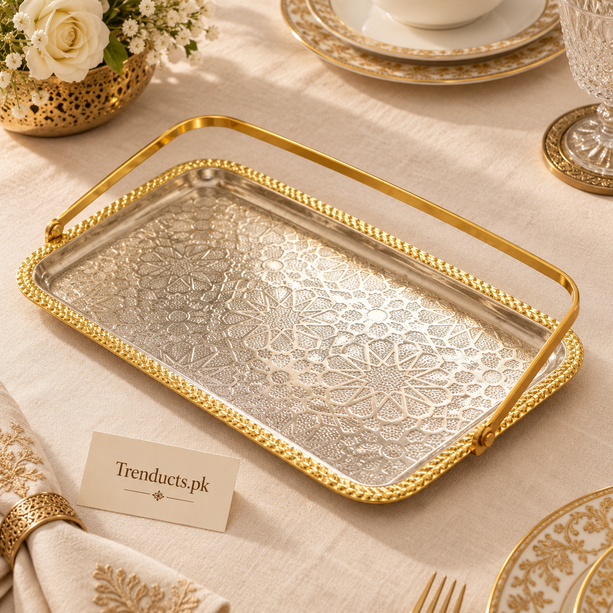 Golden Stainless-Steel Serving Tray - 28 × 17 cm