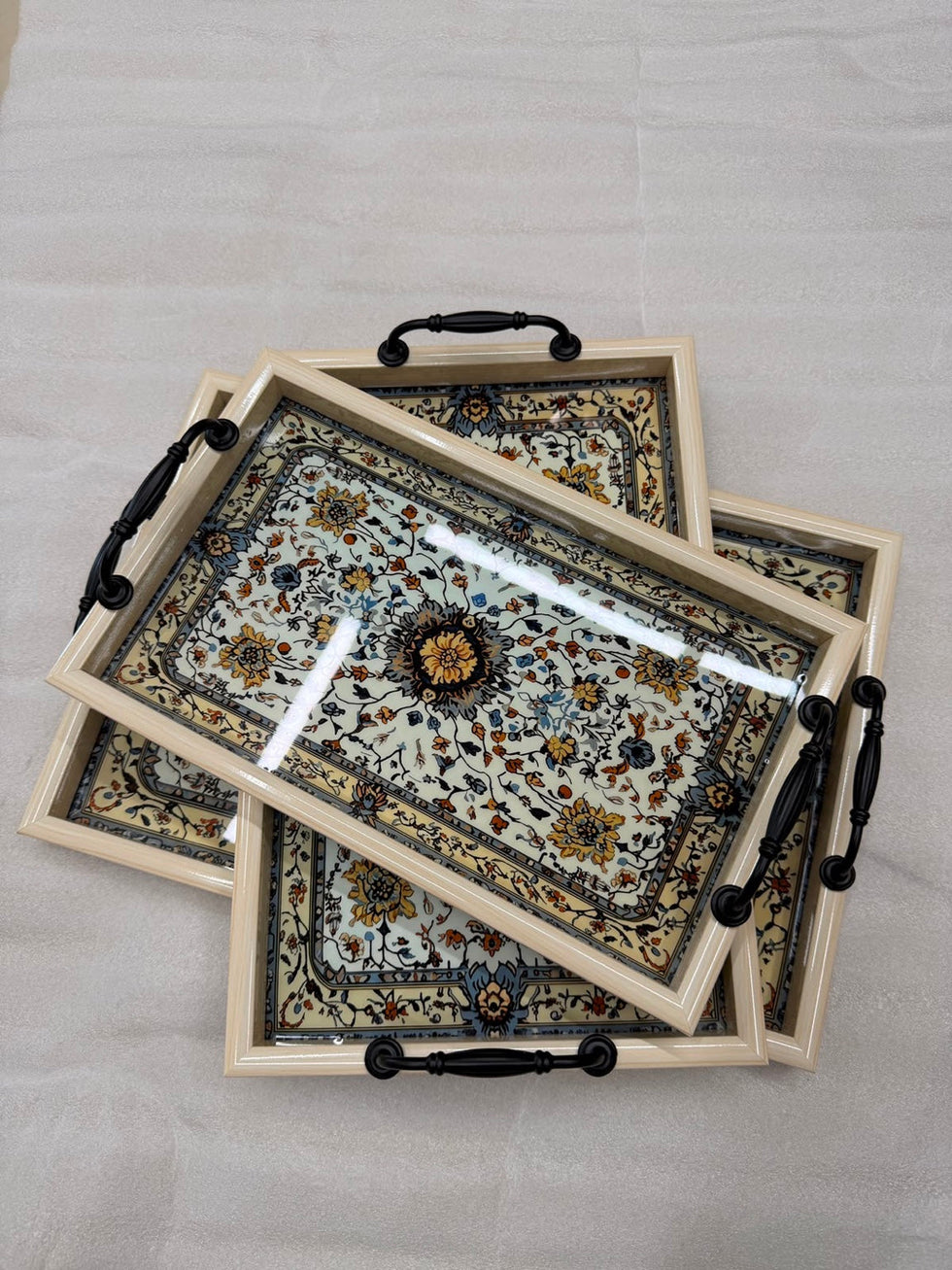 Ivory Isfahan Floral 3-Piece Fibre Tray Set