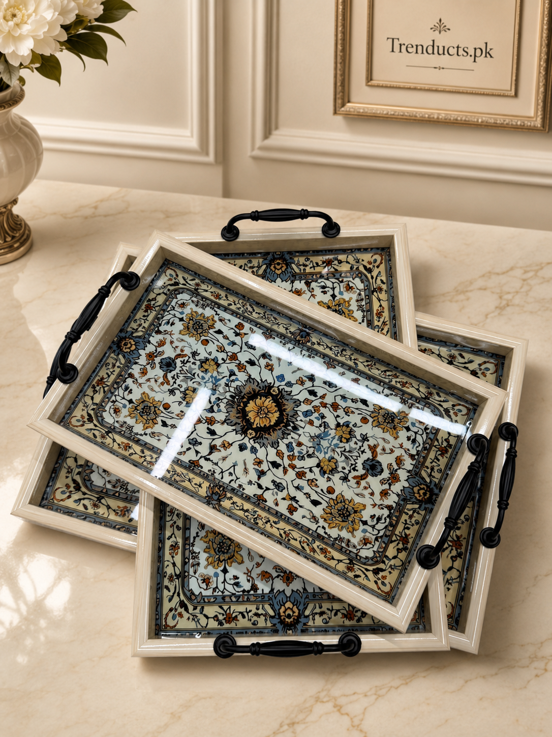 Ivory Isfahan Floral 3-Piece Fibre Tray Set