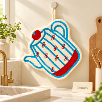 Kettle-shaped microfiber hanging cleaning towel in a warm kitchen