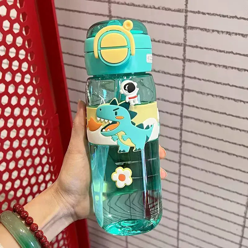 سٹرا کے ساتھ 600ml بچوں کی پانی کی بوتل - پیارا ڈایناسور اور ایک تنگاوالا
