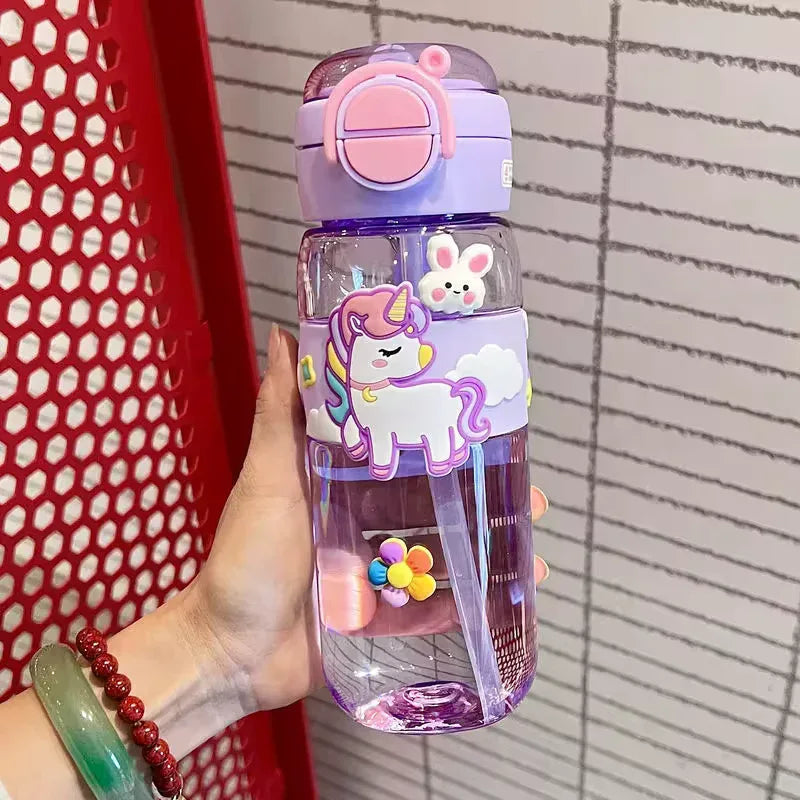 600ml Kids Water Bottle with Straw - Cute Dinosaur & Unicorn - Clarify.pk