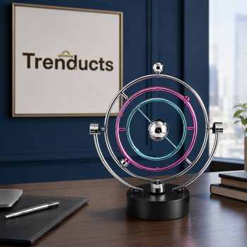 Kinetic Orbital Desk Sculpture Variant 3 with silver pink and turquoise rings