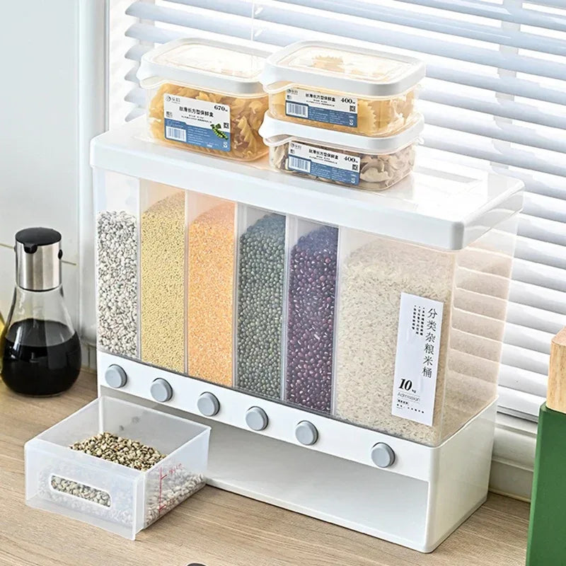 6 in 1 Rice Dispenser with Multi-Compartment Storage - Clarify.pk