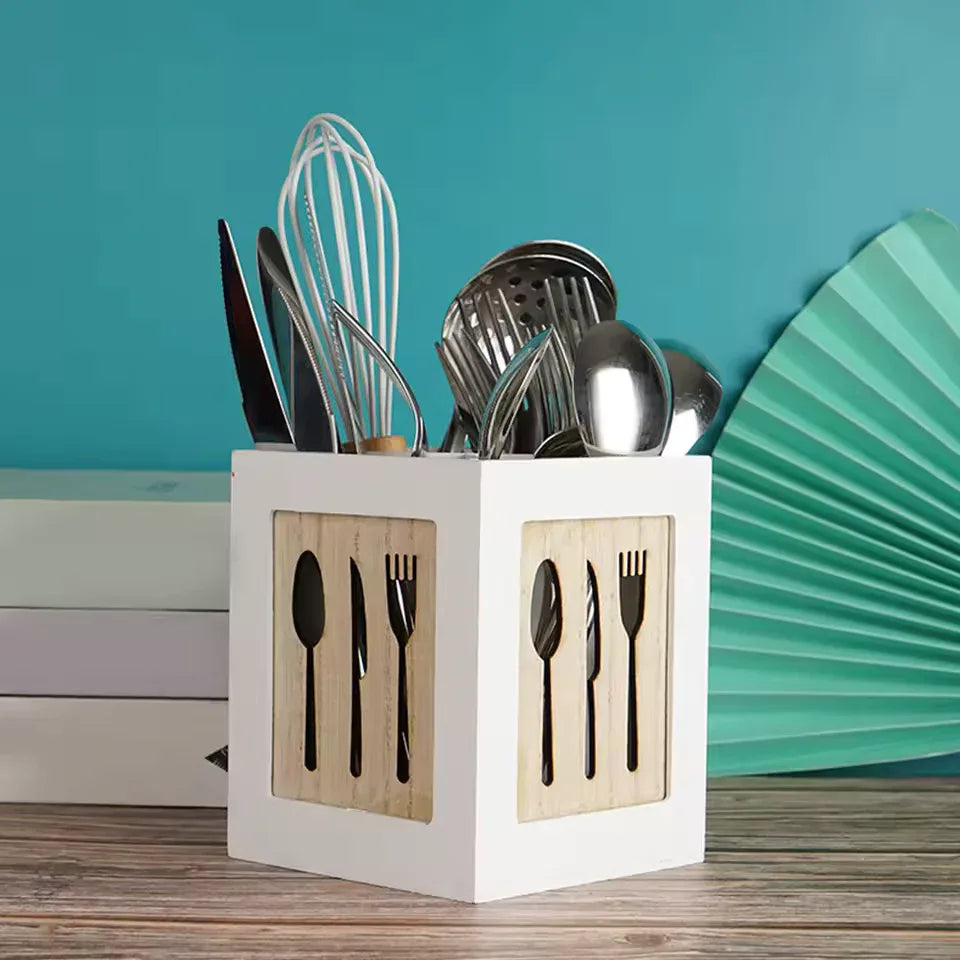 Kitchen Cutlery Organizer Box with Wooden Design - Clarify.pk